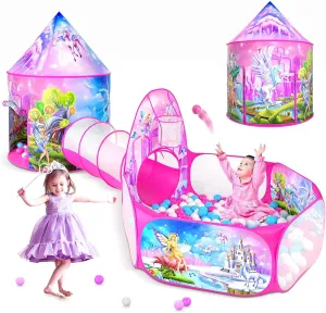3 in 1 Kids Play Tent for Toddler with Play Tunnel Baby Ball Pit Castle Tent, Pop Up Unicorn Kids Playhouse for Boys and Girls Gift, Collapsible Children Play Tent Toy Indoor and Outdoor Play Games