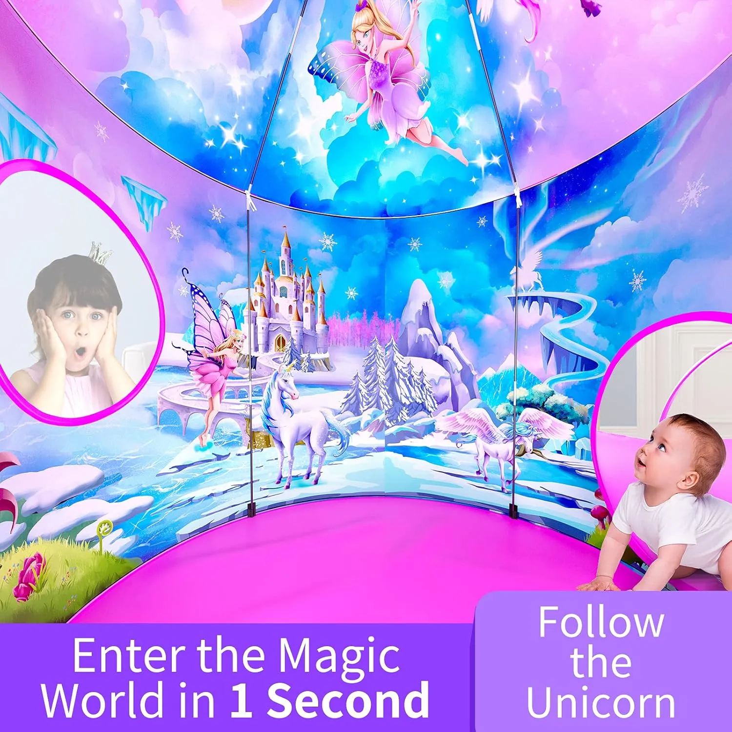3 in 1 Kids Play Tent for Toddler with Play Tunnel Baby Ball Pit Castle Tent, Pop Up Unicorn Kids Playhouse for Boys and Girls Gift, Collapsible Children Play Tent Toy Indoor and Outdoor Play Games