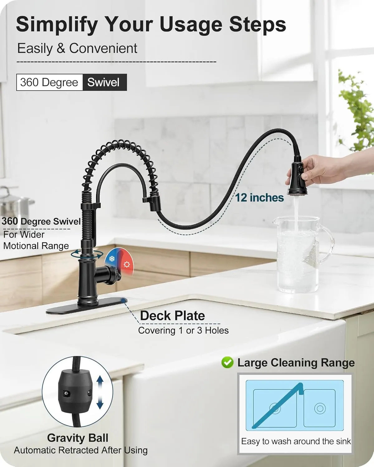 3 Modes Bronze Kitchen Faucet with Pull Down Sprayer, Single Hole Kitchen Sink Faucet 3 Hole, Stainless Steel High Arc Spring Style, 360 Degree Swivel with One Handle & Deck Plate for Farmhouse