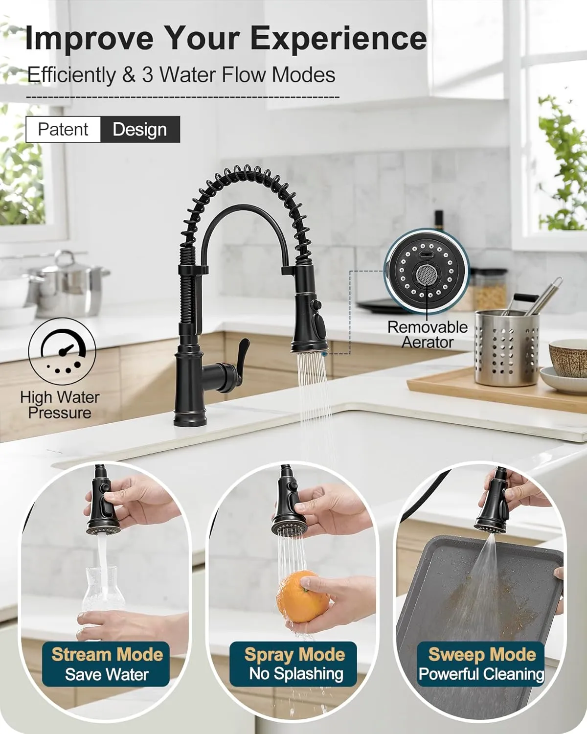 3 Modes Bronze Kitchen Faucet with Pull Down Sprayer, Single Hole Kitchen Sink Faucet 3 Hole, Stainless Steel High Arc Spring Style, 360 Degree Swivel with One Handle & Deck Plate for Farmhouse