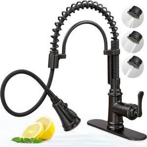 3 Modes Bronze Kitchen Faucet with Pull Down Sprayer, Single Hole Kitchen Sink Faucet 3 Hole, Stainless Steel High Arc Spring Style, 360 Degree Swivel with One Handle & Deck Plate for Farmhouse