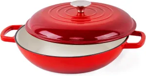 3 Quart Enamel Cast Iron Dutch Oven Pot with Lid-Versatile dutch oven, excellent for stovetop cooking and baking various recipes-Oven Safe up to 500° For on Stovetop-Red