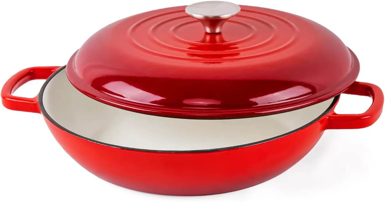 3 Quart Enamel Cast Iron Dutch Oven Pot with Lid-Versatile dutch oven, excellent for stovetop cooking and baking various recipes-Oven Safe up to 500° For on Stovetop-Red