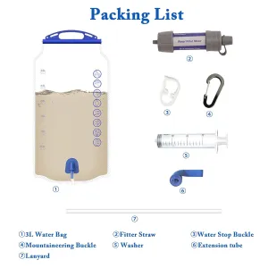 3.0L Gravity Water Filter, Hanging Bag, Survival Emergency Purifier Straw, Outdoor Filtration System for Camping/Travel/Backpacking