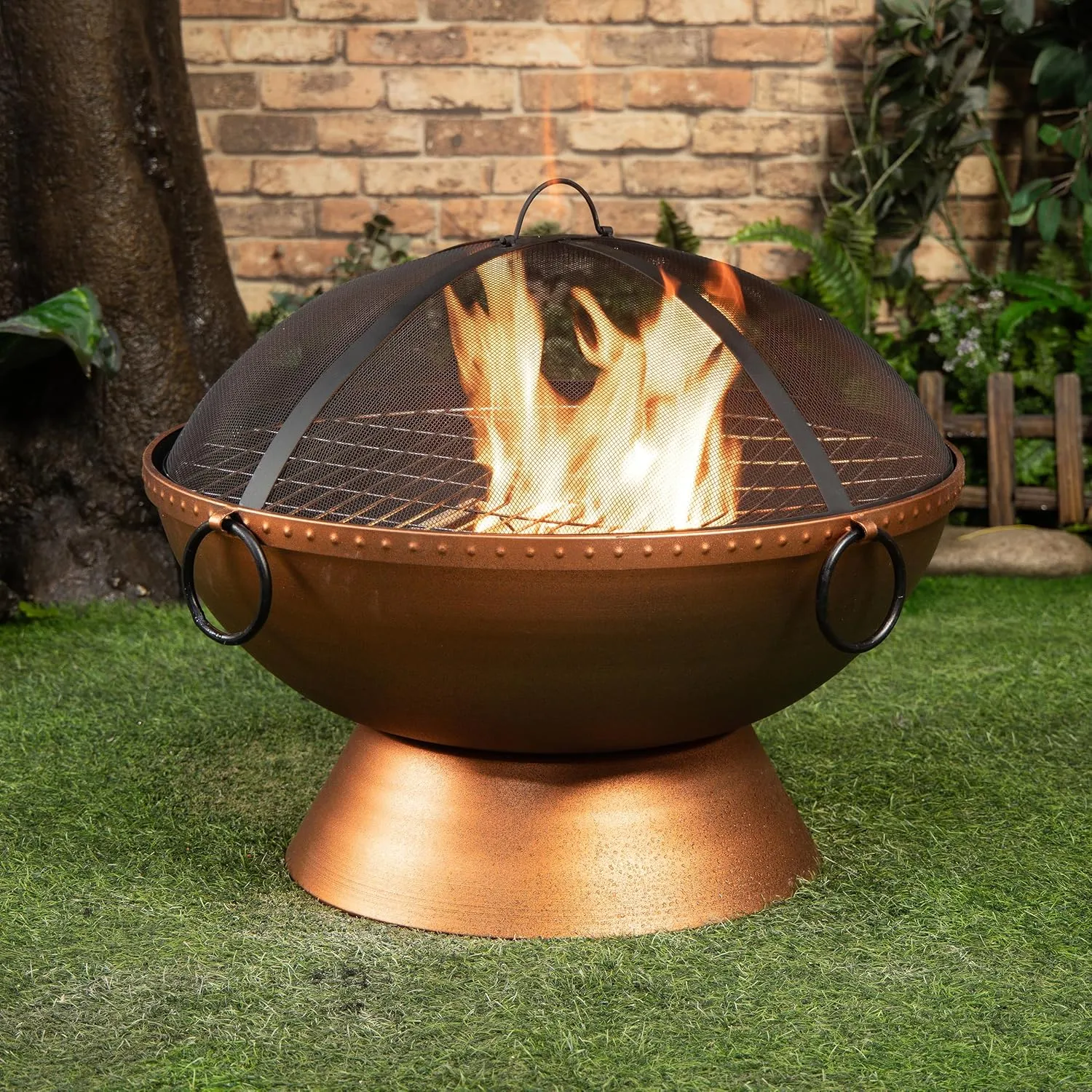 31 Inch Round Wood Burning Steel Fire Pit with Spark Screen - Outdoor Firebowl with Log Poker - Heavy Duty and Portable Firepit with Handles - Fire Bowl for Patio Camping Backyard