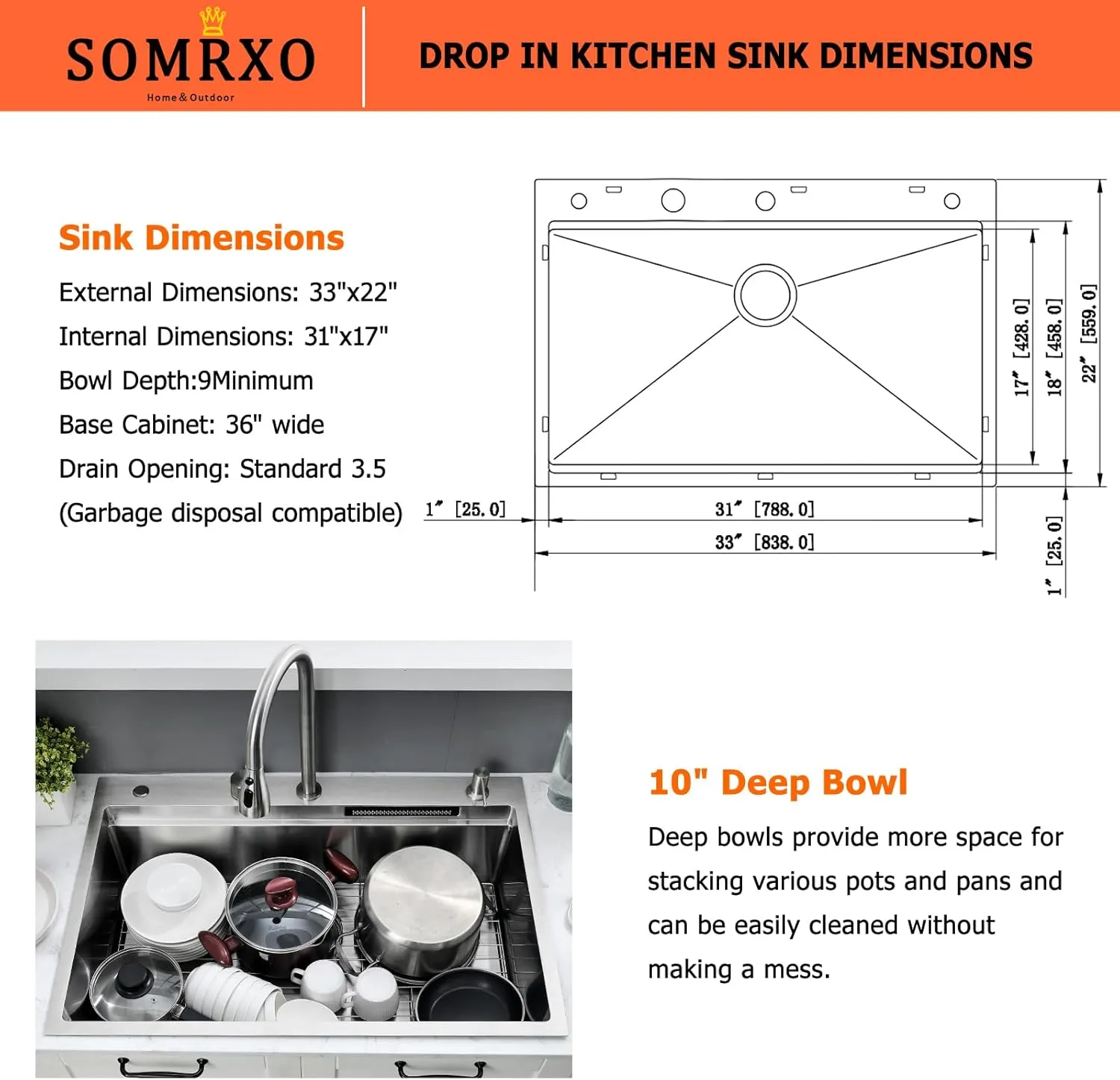 33×22 Waterfall Sink and Faucet Combo-33×22 Drop In Kitchen Sinks with Faucet Combo Set, 16 Gauge Stainless Steel Waterfall Sinks,10 Inch Deep Single Bowl Smart Kitchen Sink Workstation
