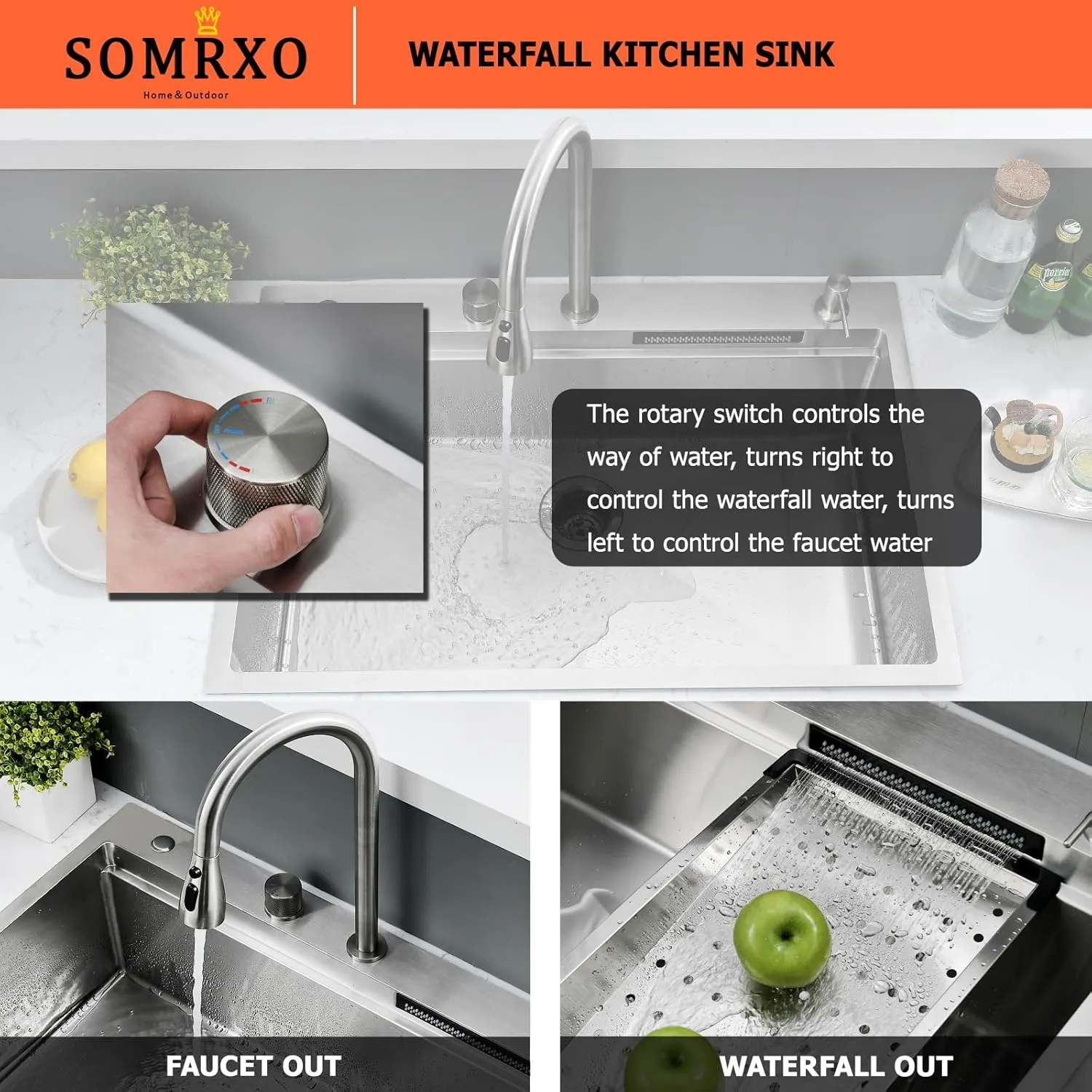 33×22 Waterfall Sink and Faucet Combo-33×22 Drop In Kitchen Sinks with Faucet Combo Set, 16 Gauge Stainless Steel Waterfall Sinks,10 Inch Deep Single Bowl Smart Kitchen Sink Workstation