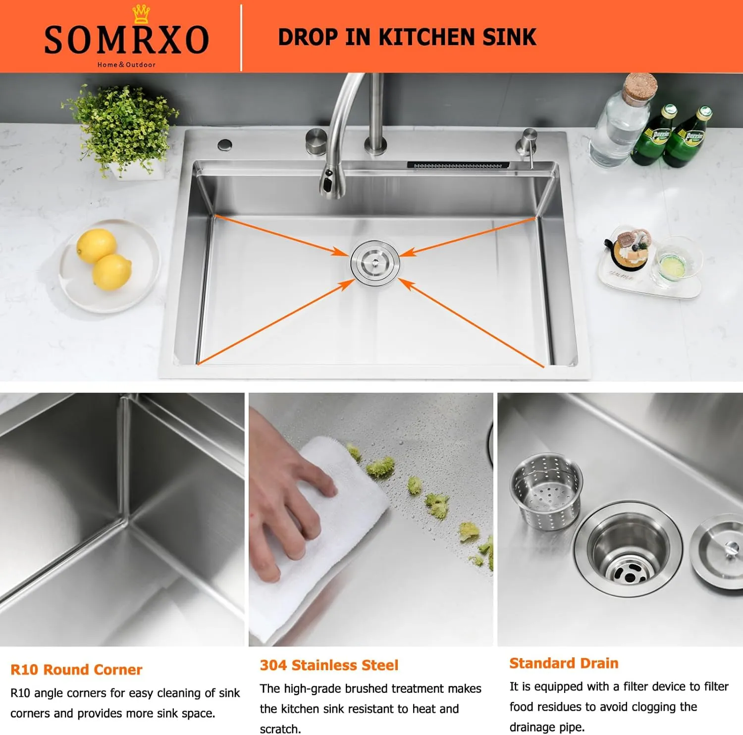 33×22 Waterfall Sink and Faucet Combo-33×22 Drop In Kitchen Sinks with Faucet Combo Set, 16 Gauge Stainless Steel Waterfall Sinks,10 Inch Deep Single Bowl Smart Kitchen Sink Workstation