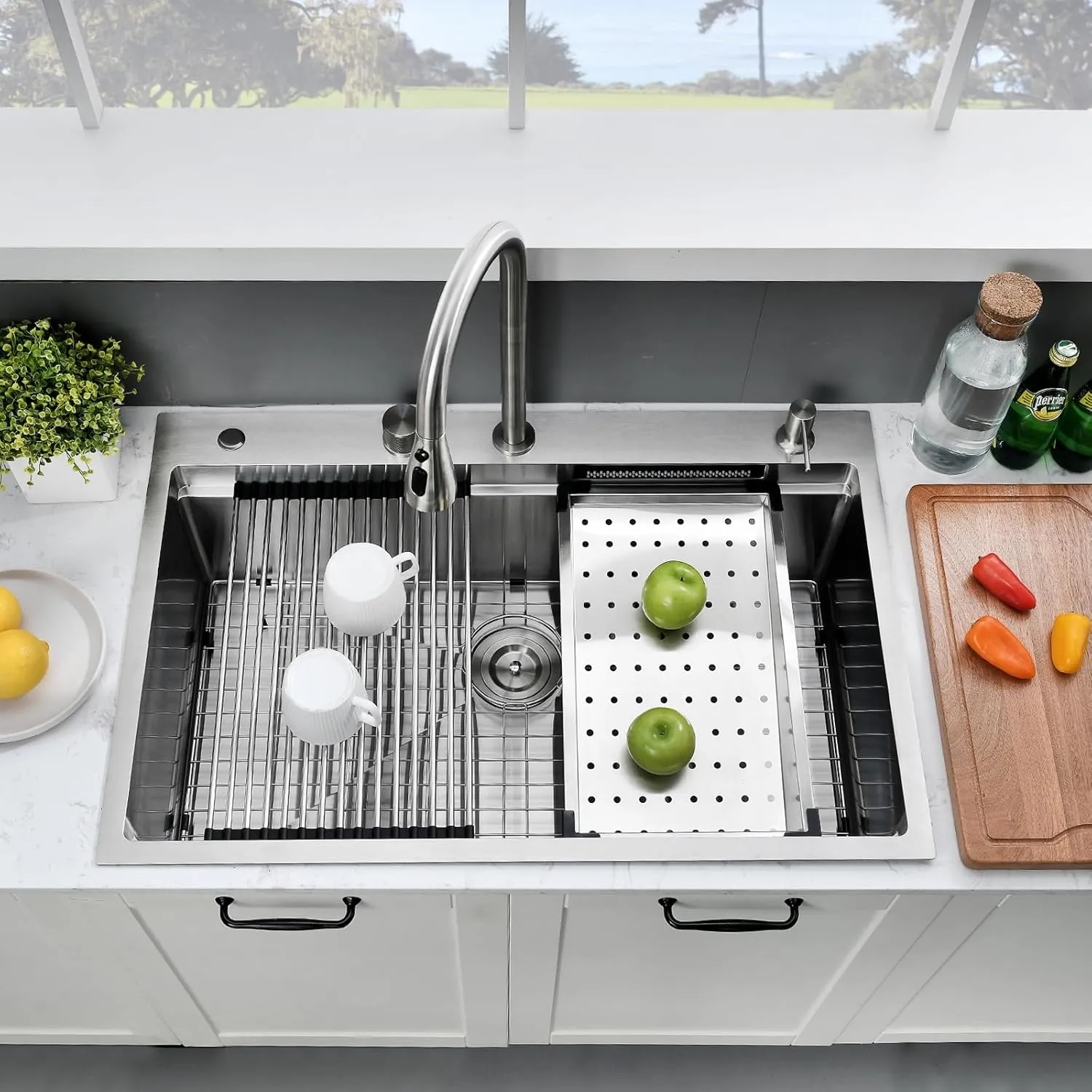 33×22 Waterfall Sink and Faucet Combo-33×22 Drop In Kitchen Sinks with Faucet Combo Set, 16 Gauge Stainless Steel Waterfall Sinks,10 Inch Deep Single Bowl Smart Kitchen Sink Workstation