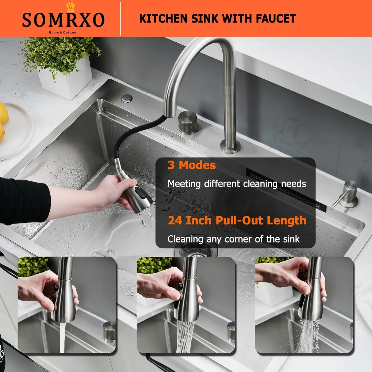 33×22 Waterfall Sink and Faucet Combo-33×22 Drop In Kitchen Sinks with Faucet Combo Set, 16 Gauge Stainless Steel Waterfall Sinks,10 Inch Deep Single Bowl Smart Kitchen Sink Workstation