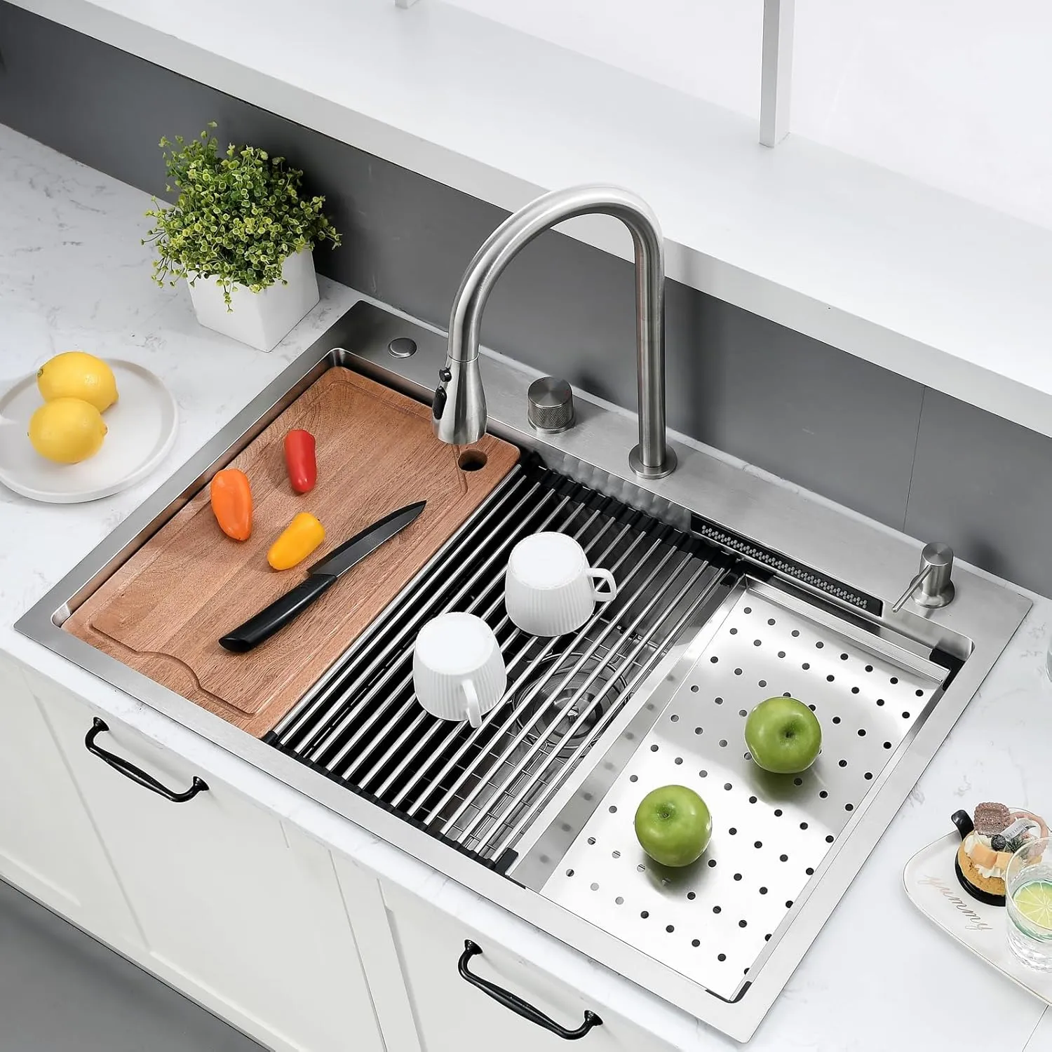 33×22 Waterfall Sink and Faucet Combo-33×22 Drop In Kitchen Sinks with Faucet Combo Set, 16 Gauge Stainless Steel Waterfall Sinks,10 Inch Deep Single Bowl Smart Kitchen Sink Workstation
