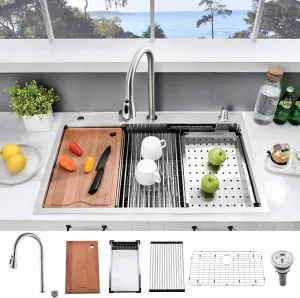 33×22 Waterfall Sink and Faucet Combo-33×22 Drop In Kitchen Sinks with Faucet Combo Set, 16 Gauge Stainless Steel Waterfall Sinks,10 Inch Deep Single Bowl Smart Kitchen Sink Workstation