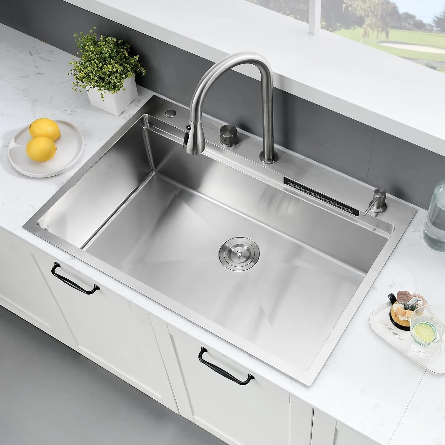 33×22 Waterfall Sink and Faucet Combo-33×22 Drop In Kitchen Sinks with Faucet Combo Set, 16 Gauge Stainless Steel Waterfall Sinks,10 Inch Deep Single Bowl Smart Kitchen Sink Workstation