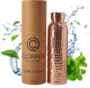 34 oz Pure Copper Water Bottle for Drinking (Polished) - 1000 mL Large Handcrafted Ayurvedic Copper Water Bottle with Leak-Proof Design (Hammered)