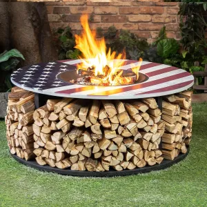 38 Inch Commemorative Outdoor American Flag Fire Pit with Log Storage - Rust Resistant Steel Woodburning Firepits for Outside - Patio Fire Pit with Removable Fire Grill and Fire Pan