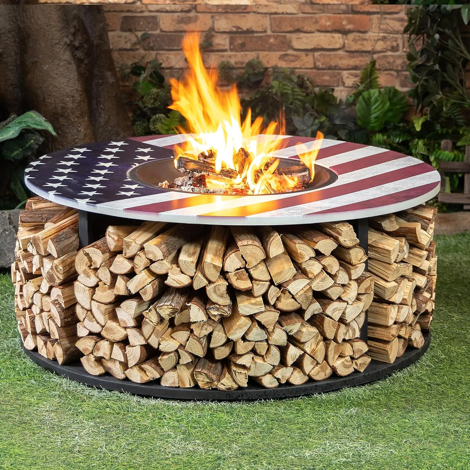38 Inch Commemorative Outdoor American Flag Fire Pit with Log Storage - Rust Resistant Steel Woodburning Firepits for Outside - Patio Fire Pit with Removable Fire Grill and Fire Pan