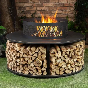 38 Inch Outdoor Fireplace with Log Storage - Durable Steel Woodburning Pit for Outside - Portable for Backyard, Porch, Deck, Camping, BBQ - Patio Fireplace with Screen Guard
