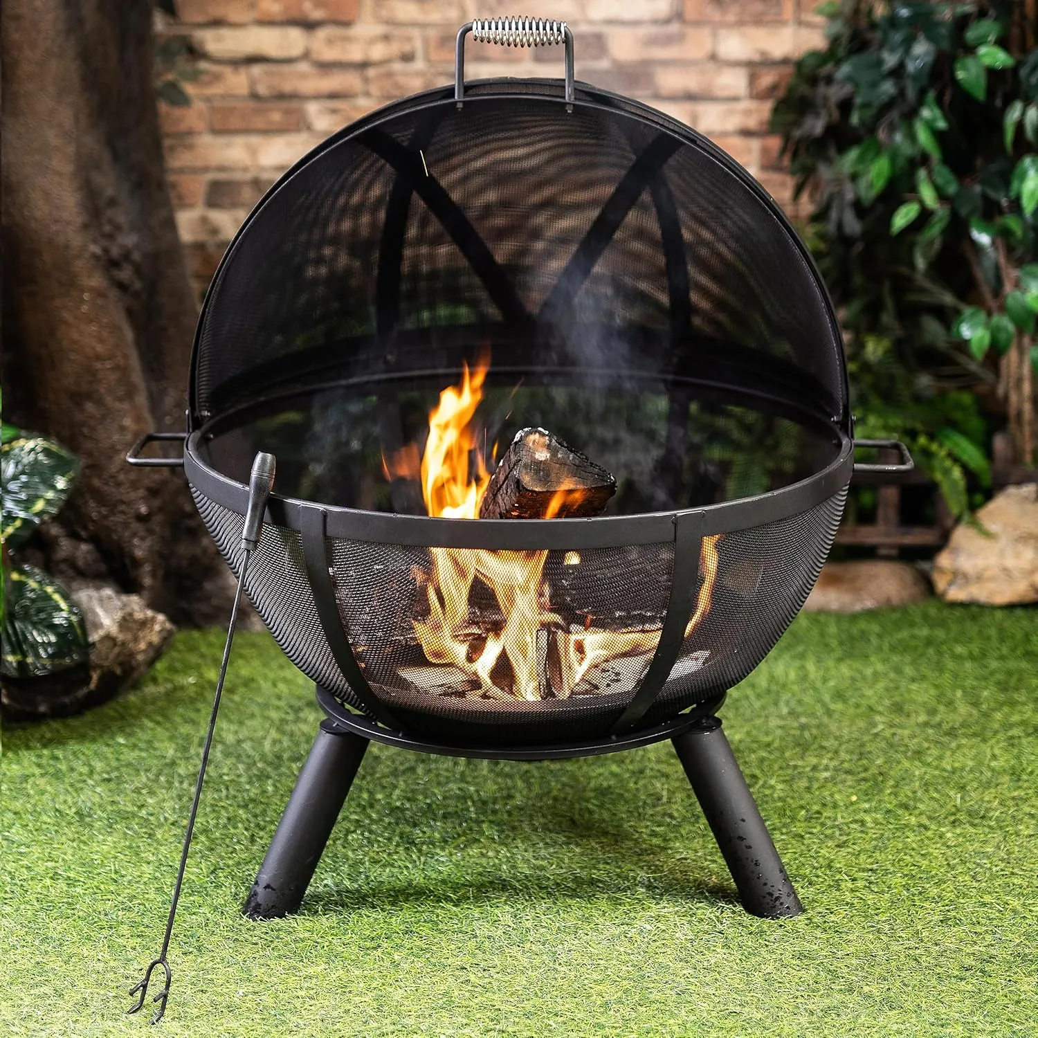 38 Inch Outdoor Sphere Fire Pit - Durable Woodburning Firepits for Outside - Rust & Heat Resistant Portable Fire Pit for Backyard - Patio Fire Pit with Safety Screen and Poker