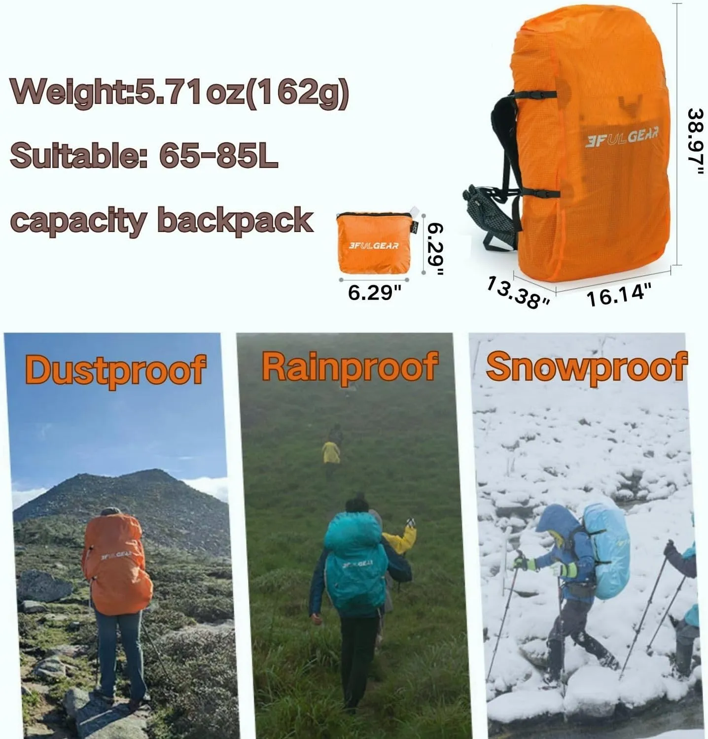 3F UL Gear Waterproof Backpack Rain Cover, Ultralight Backpack Cover with Reflective Strip, UHMWPE& Nylon Material Pack Cover for Hiking Camping Traveling