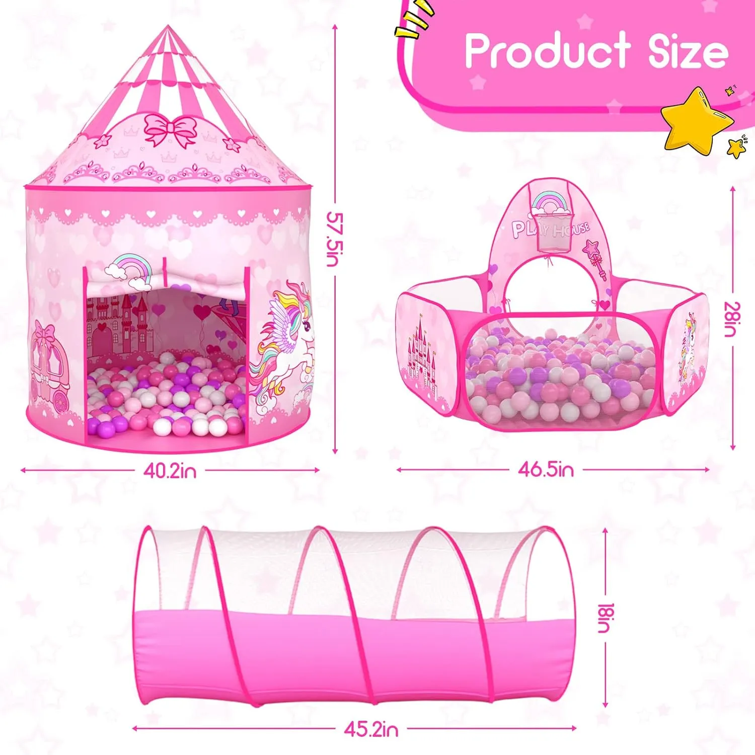 3pc Kids Play Tent for Girls with Ball Pit, Crawl Tunnel, Princess Tents for Toddlers, Baby Space World Playhouse Toys (3PC Princess Dream Tent)