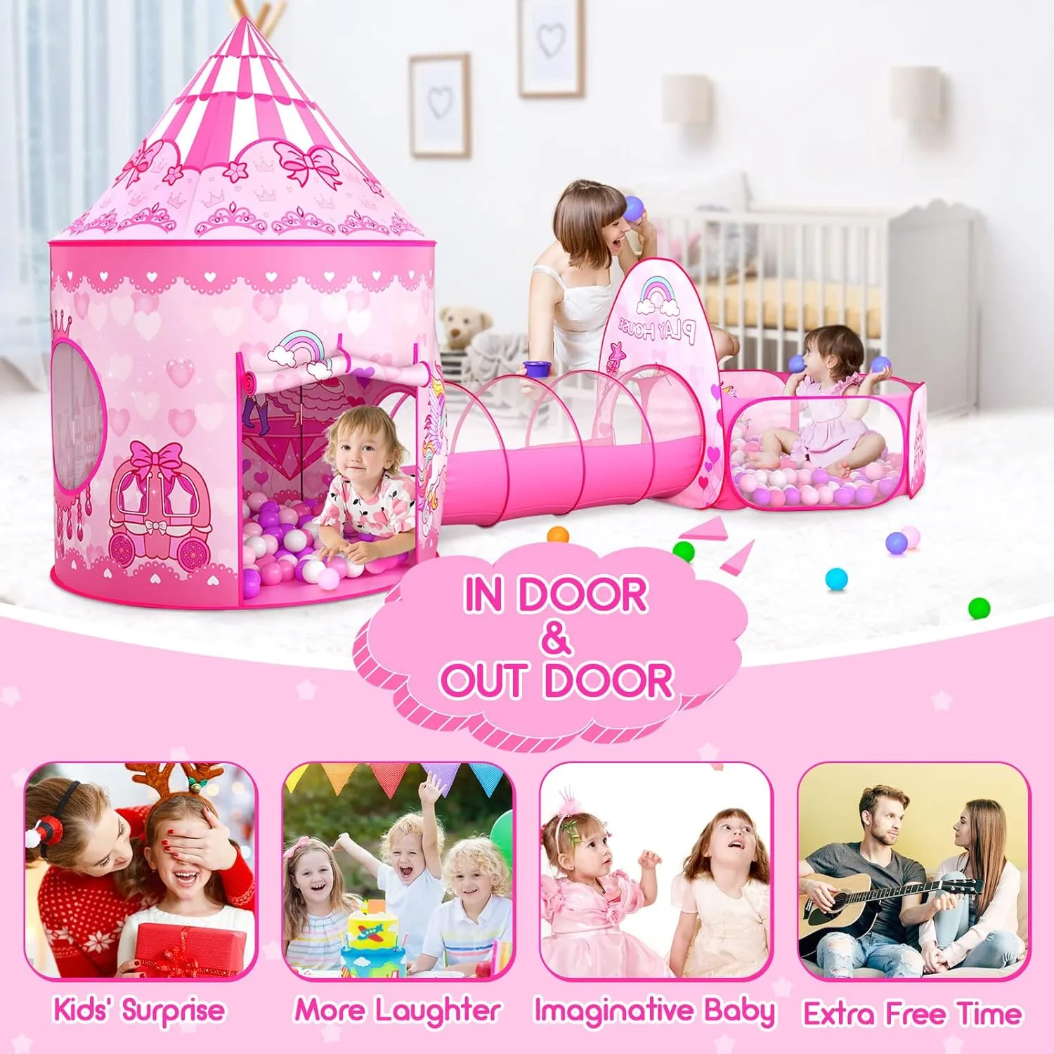 3pc Kids Play Tent for Girls with Ball Pit, Crawl Tunnel, Princess Tents for Toddlers, Baby Space World Playhouse Toys (3PC Princess Dream Tent)