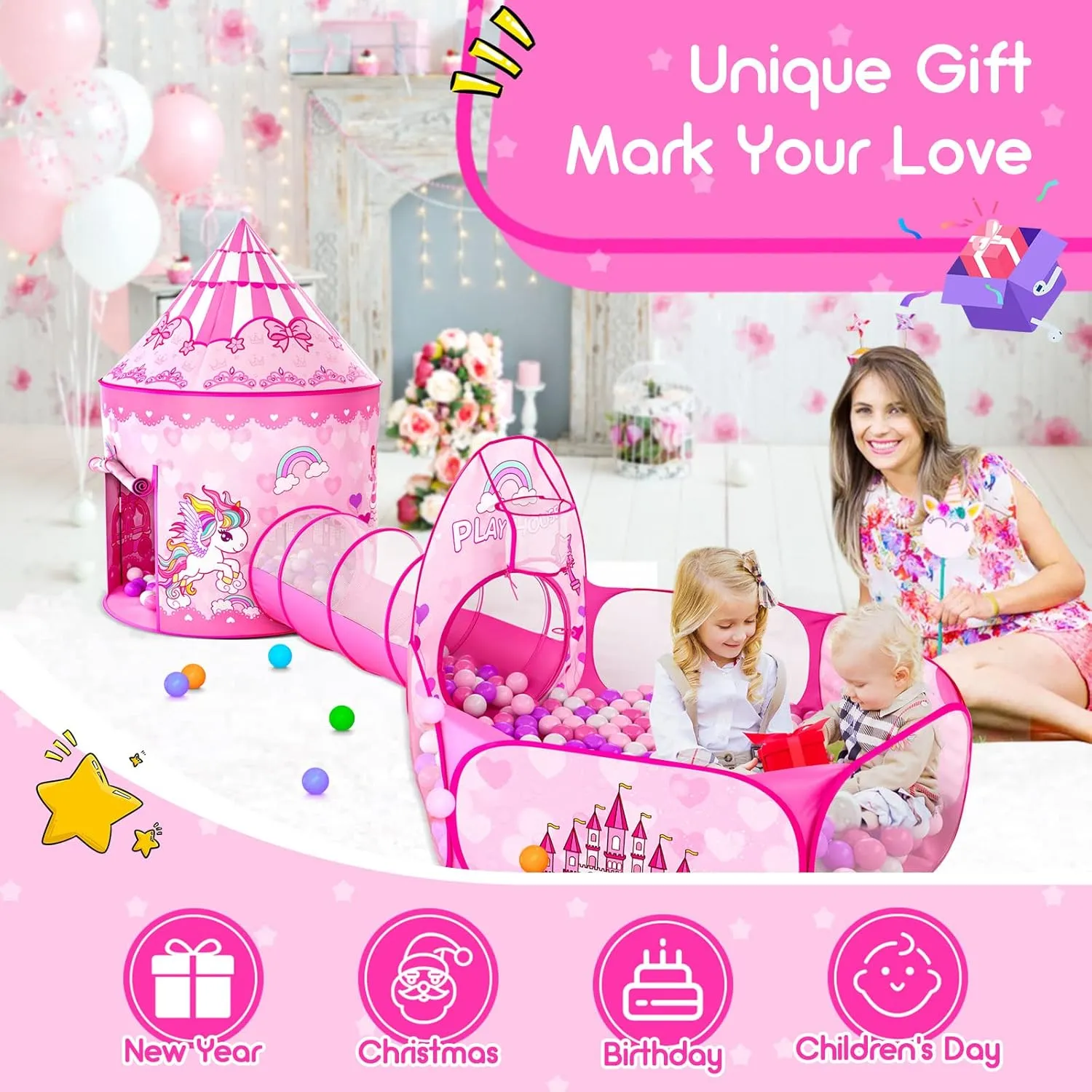 3pc Kids Play Tent for Girls with Ball Pit, Crawl Tunnel, Princess Tents for Toddlers, Baby Space World Playhouse Toys (3PC Princess Dream Tent)
