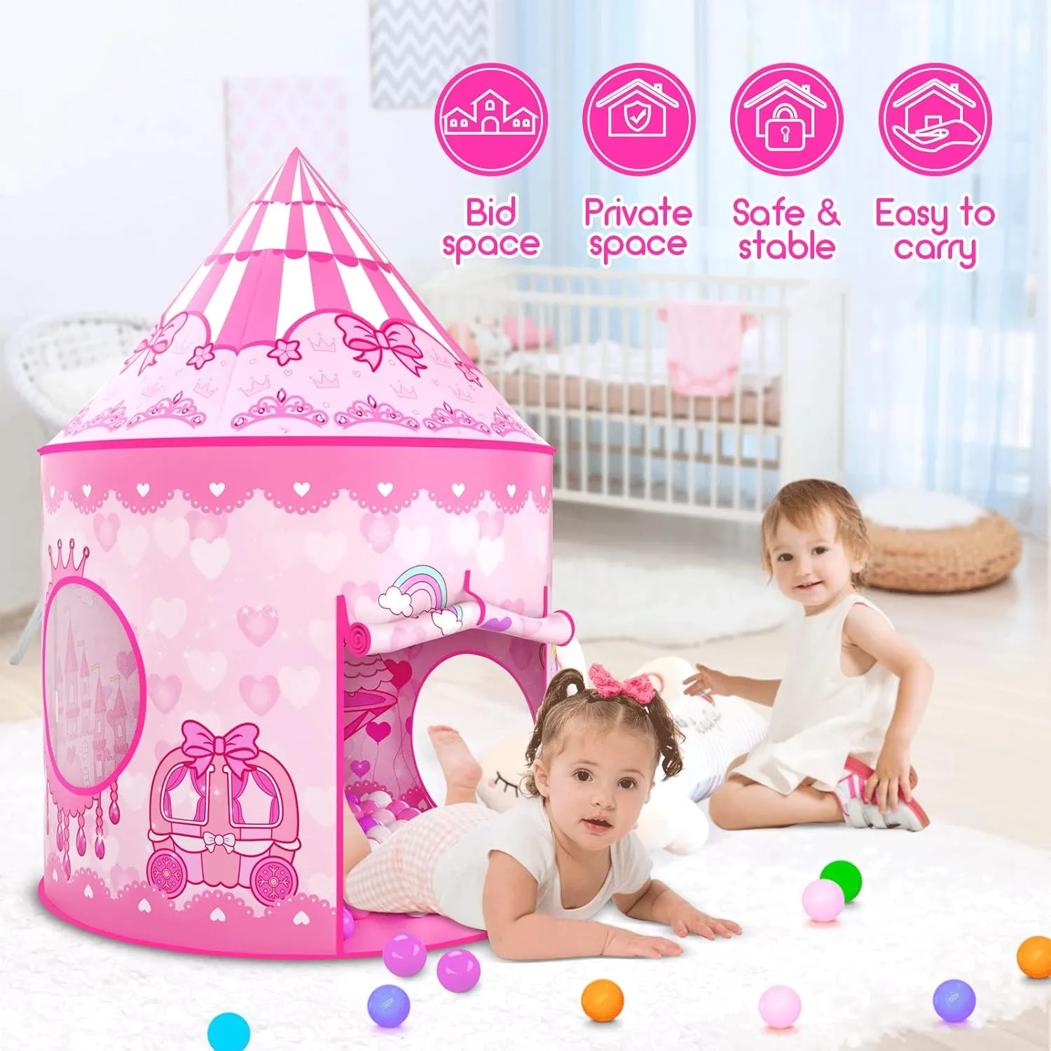 3pc Kids Play Tent for Girls with Ball Pit, Crawl Tunnel, Princess Tents for Toddlers, Baby Space World Playhouse Toys (3PC Princess Dream Tent)