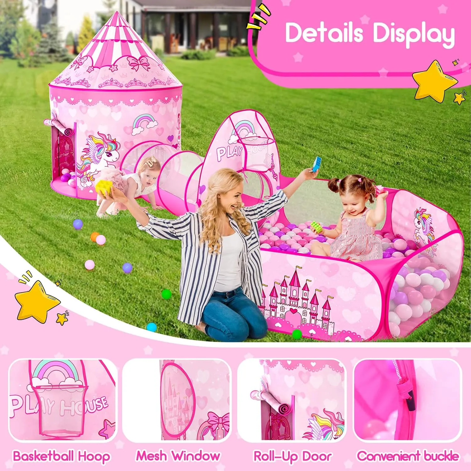 3pc Kids Play Tent for Girls with Ball Pit, Crawl Tunnel, Princess Tents for Toddlers, Baby Space World Playhouse Toys (3PC Princess Dream Tent)