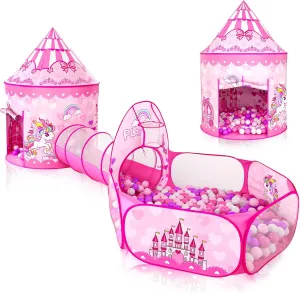 3pc Kids Play Tent for Girls with Ball Pit, Crawl Tunnel, Princess Tents for Toddlers, Baby Space World Playhouse Toys (3PC Princess Dream Tent)