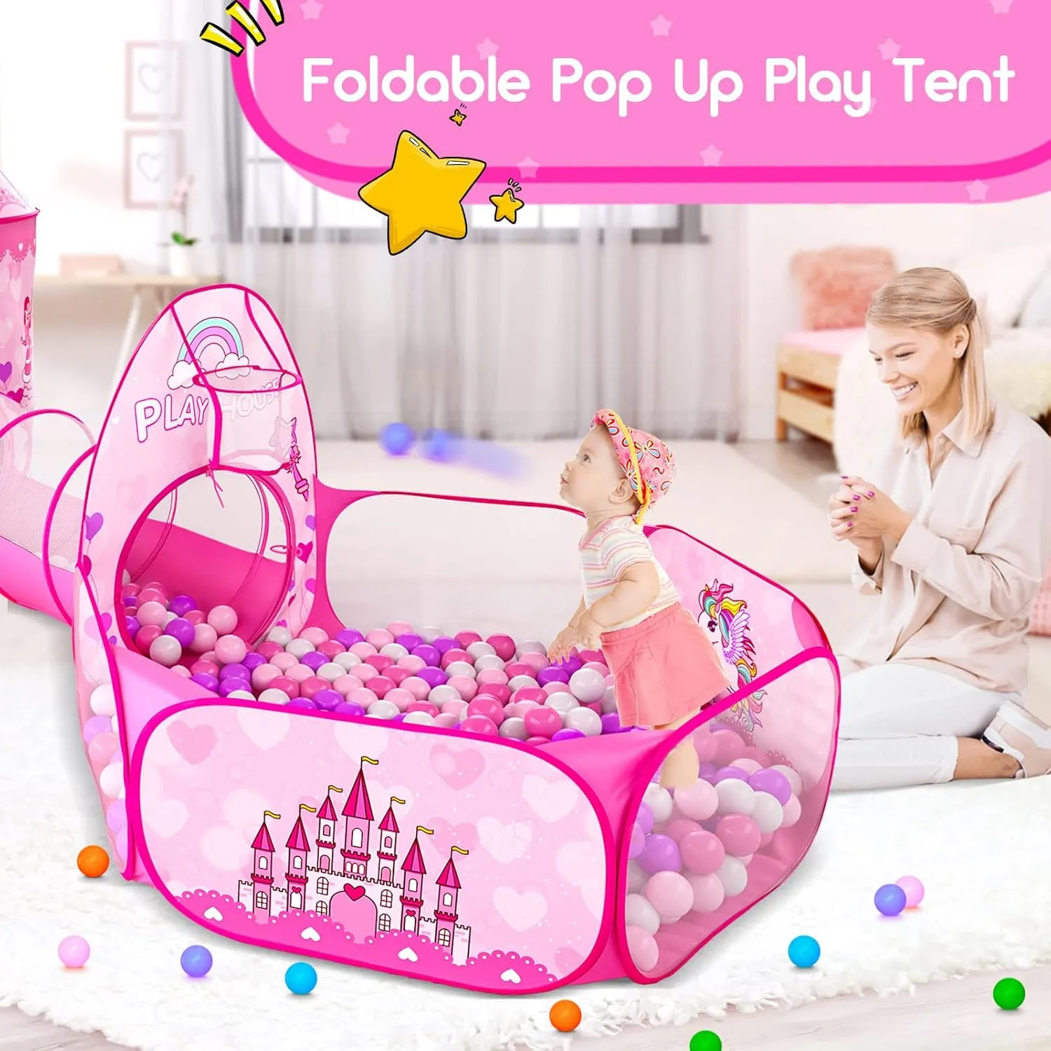 3pc Kids Play Tent for Girls with Ball Pit, Crawl Tunnel, Princess Tents for Toddlers, Baby Space World Playhouse Toys (3PC Princess Dream Tent)