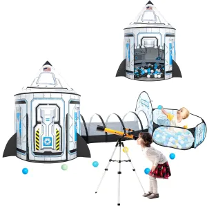 3pc Kids Play Tent for Girls with Ball Pit, Crawl Tunnel, Princess Tents for Toddlers, Baby Space World Playhouse Toys (3PC White Rocket Play Tent)