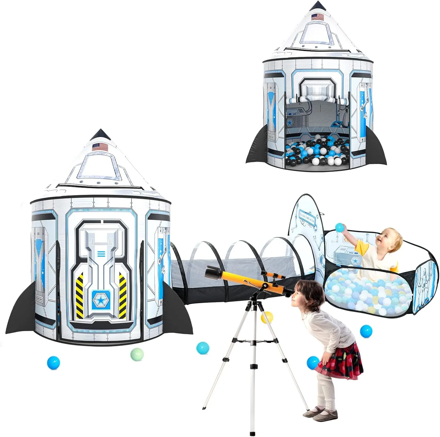 3pc Kids Play Tent for Girls with Ball Pit, Crawl Tunnel, Princess Tents for Toddlers, Baby Space World Playhouse Toys (3PC White Rocket Play Tent)