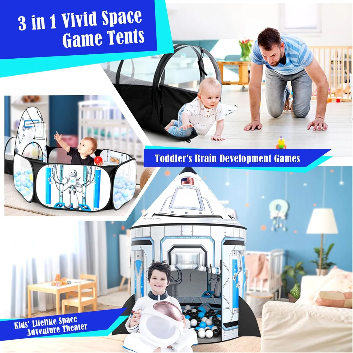 3pc Kids Play Tent for Girls with Ball Pit, Crawl Tunnel, Princess Tents for Toddlers, Baby Space World Playhouse Toys (3PC White Rocket Play Tent)