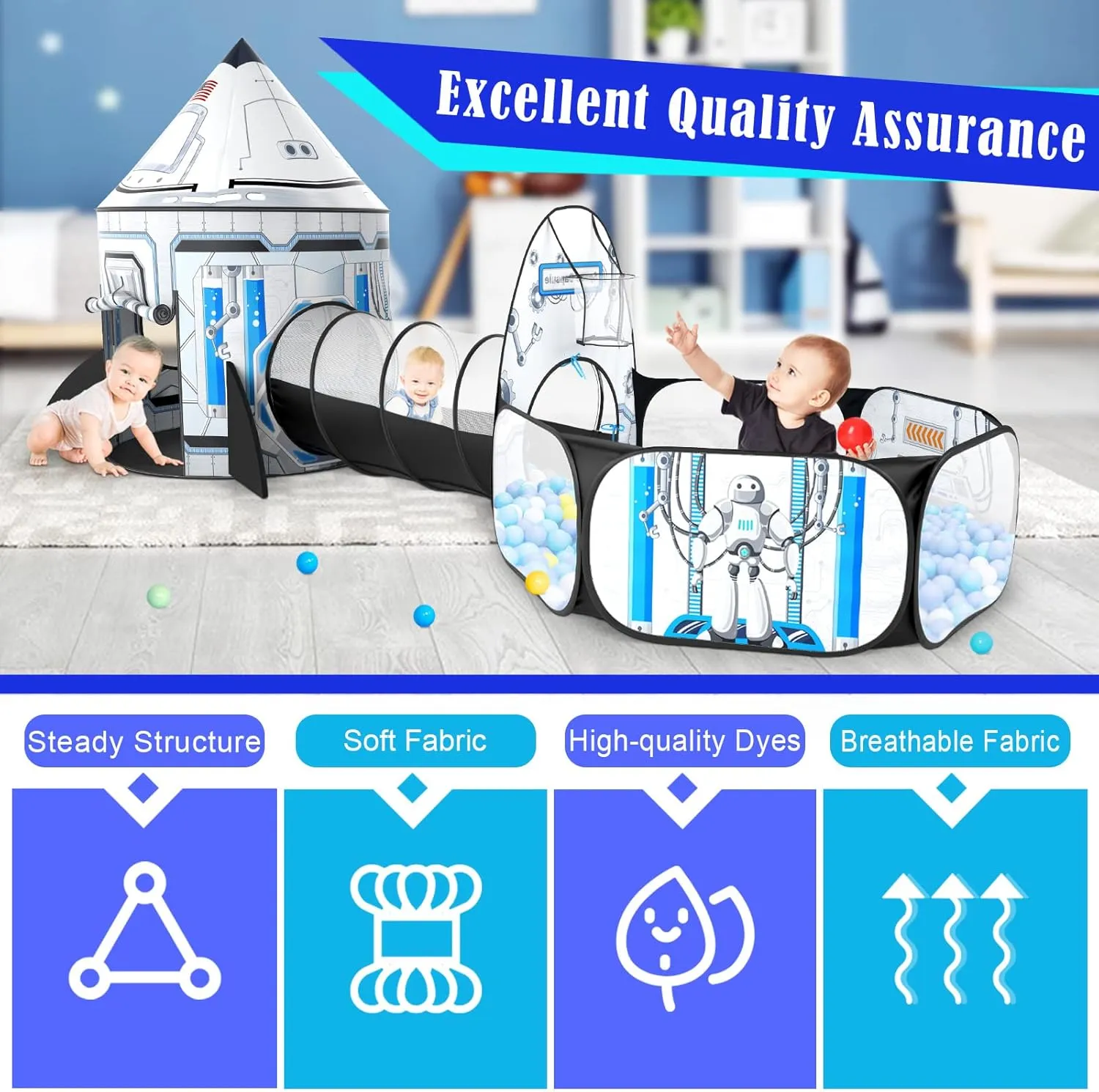 3pc Kids Play Tent for Girls with Ball Pit, Crawl Tunnel, Princess Tents for Toddlers, Baby Space World Playhouse Toys (3PC White Rocket Play Tent)