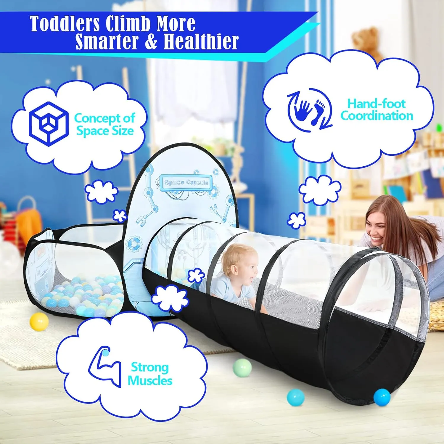 3pc Kids Play Tent for Girls with Ball Pit, Crawl Tunnel, Princess Tents for Toddlers, Baby Space World Playhouse Toys (3PC White Rocket Play Tent)