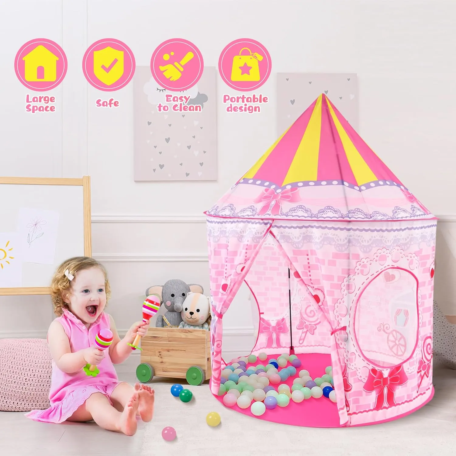 3pc Princess Fairy Tale Kids Play Tent, Cube Crawl Tunnel, Ball Pit for Toddlers, Indoor Outdoor Playhouse Castle Toys, Baby Boys Girls for 3 4 5 6 7 Years Old (Balls Not Included)