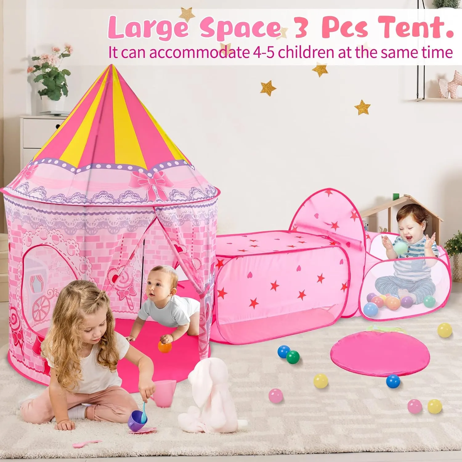 3pc Princess Fairy Tale Kids Play Tent, Cube Crawl Tunnel, Ball Pit for Toddlers, Indoor Outdoor Playhouse Castle Toys, Baby Boys Girls for 3 4 5 6 7 Years Old (Balls Not Included)