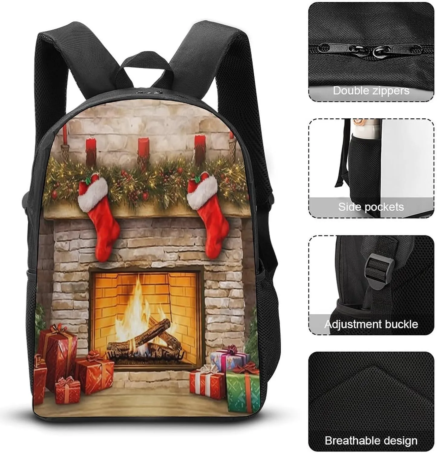 3PCS Colorful Xmas Tree Fireplace Backpack Set, 17 Inch Backpack with Portable Lunch Bag And Pencil Case for Work/Picnic/Travel
