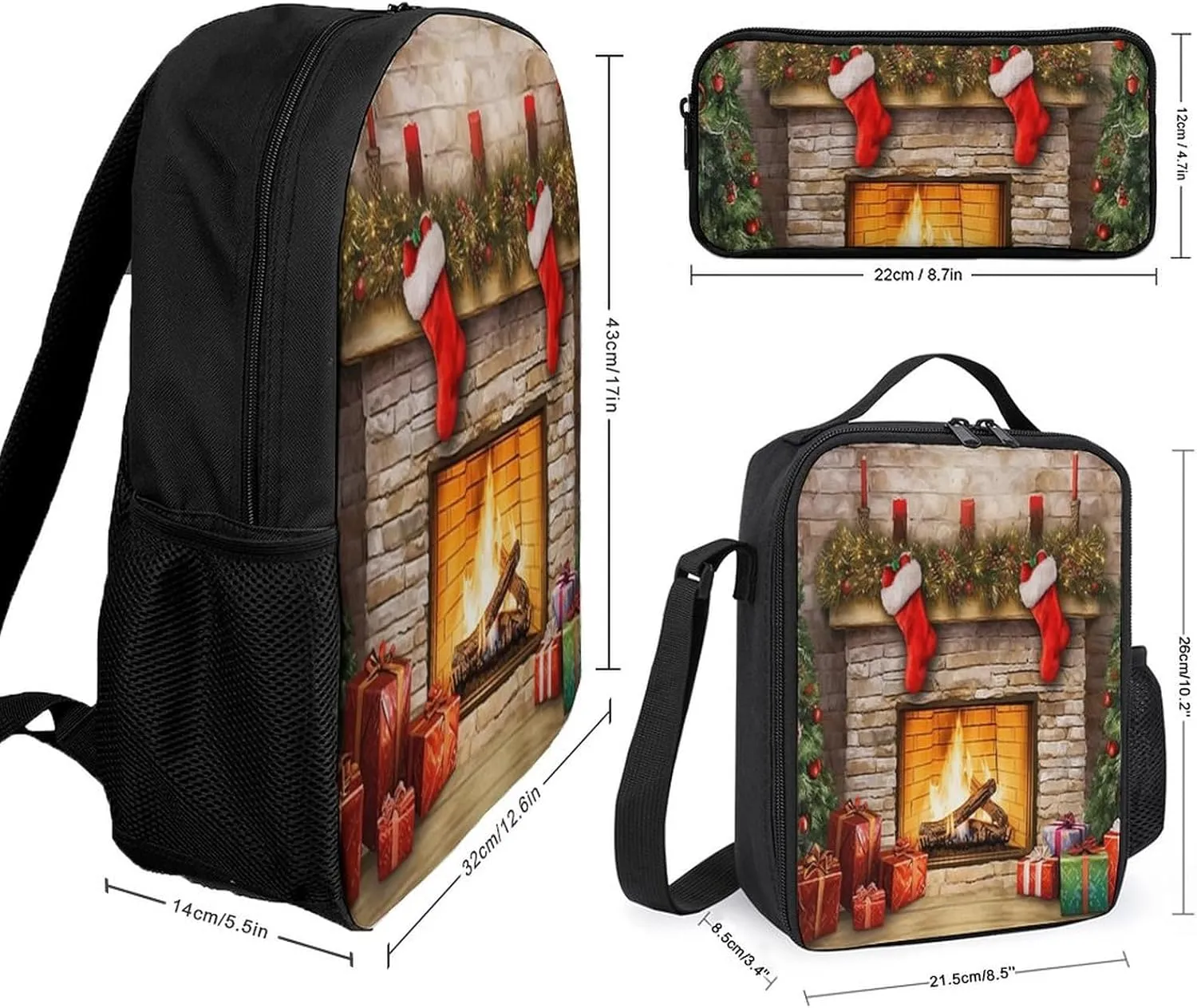 3PCS Colorful Xmas Tree Fireplace Backpack Set, 17 Inch Backpack with Portable Lunch Bag And Pencil Case for Work/Picnic/Travel
