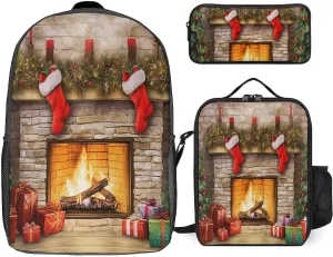 3PCS Colorful Xmas Tree Fireplace Backpack Set, 17 Inch Backpack with Portable Lunch Bag And Pencil Case for Work/Picnic/Travel