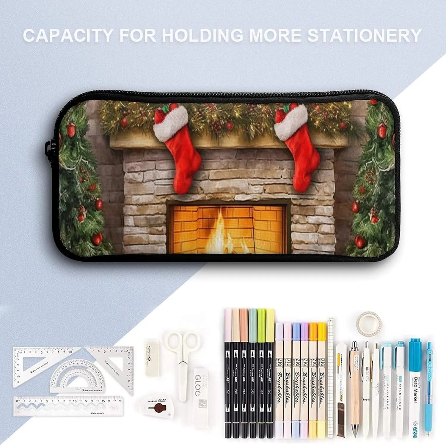 3PCS Colorful Xmas Tree Fireplace Backpack Set, 17 Inch Backpack with Portable Lunch Bag And Pencil Case for Work/Picnic/Travel