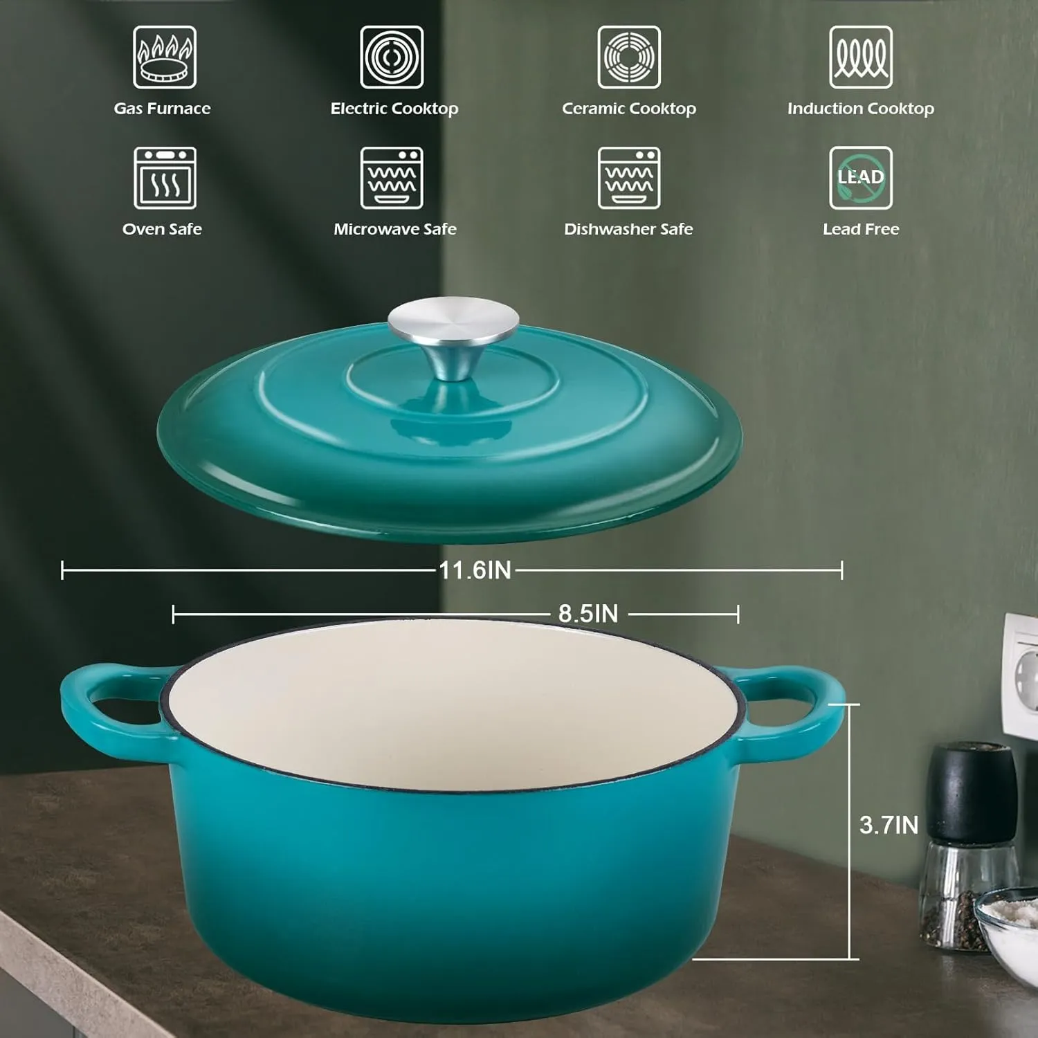 3QT Dutch Oven Pot with Lid, Leonyo 3 Quart Enameled Cast Iron Dutch Oven for Sourdough Bread Baking, Heavy Duty Cookware for Braising, Stews, Roasting, Lake Green