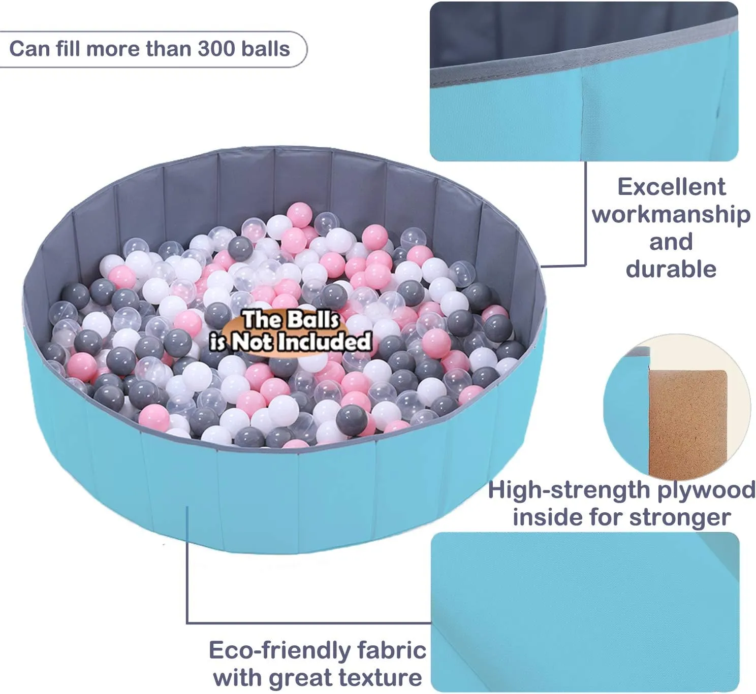 4 feet Ball Pit for Kids/Baby Play Yard/Baby Playpen/Fence for Baby, Holds Over 600 Balls, Folding Portable, No Need Inflate, More Than 12 Sq.ft Play Space, Light Blue