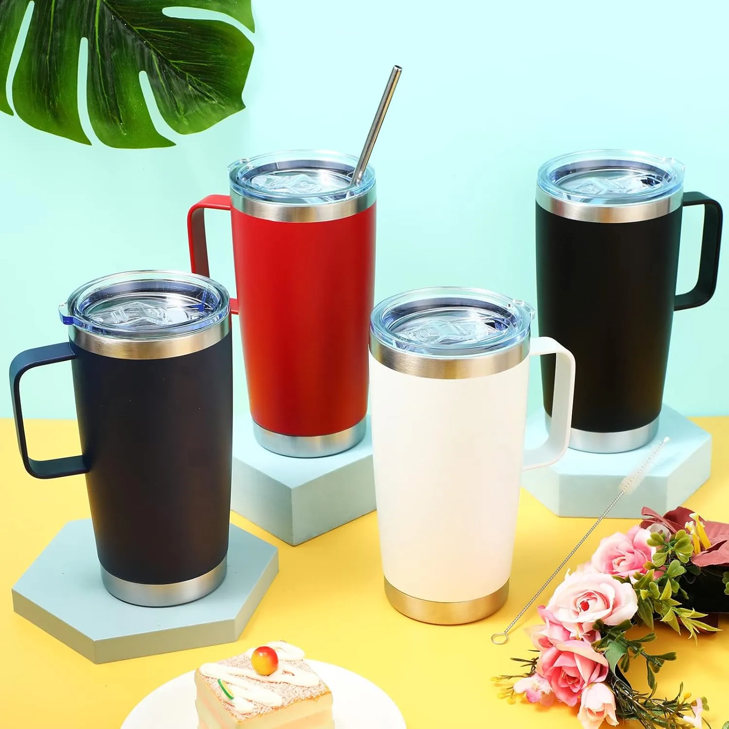 4 Pcs 20 oz Insulated Travel Tumbler with Lid, Straw and Handle - Tumbler Mug Double Layer Vacuum Stainless Steel Sublimation Thermal Cups(Black, Blue, White, Red)