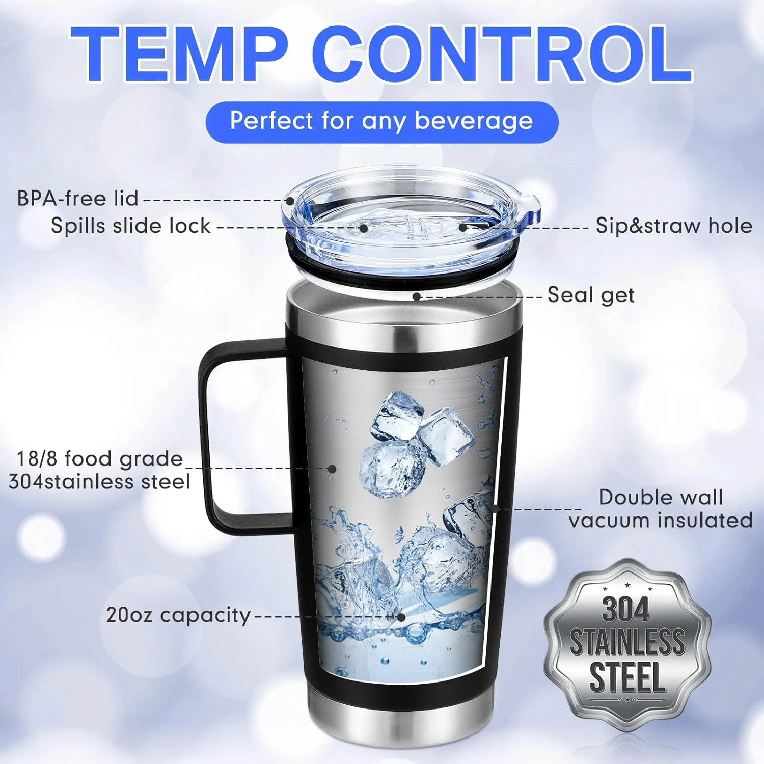 4 Pcs 20 oz Insulated Travel Tumbler with Lid, Straw and Handle - Tumbler Mug Double Layer Vacuum Stainless Steel Sublimation Thermal Cups(Black, Blue, White, Red)