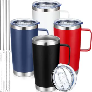 4 Pcs 20 oz Insulated Travel Tumbler with Lid, Straw and Handle - Tumbler Mug Double Layer Vacuum Stainless Steel Sublimation Thermal Cups(Black, Blue, White, Red)