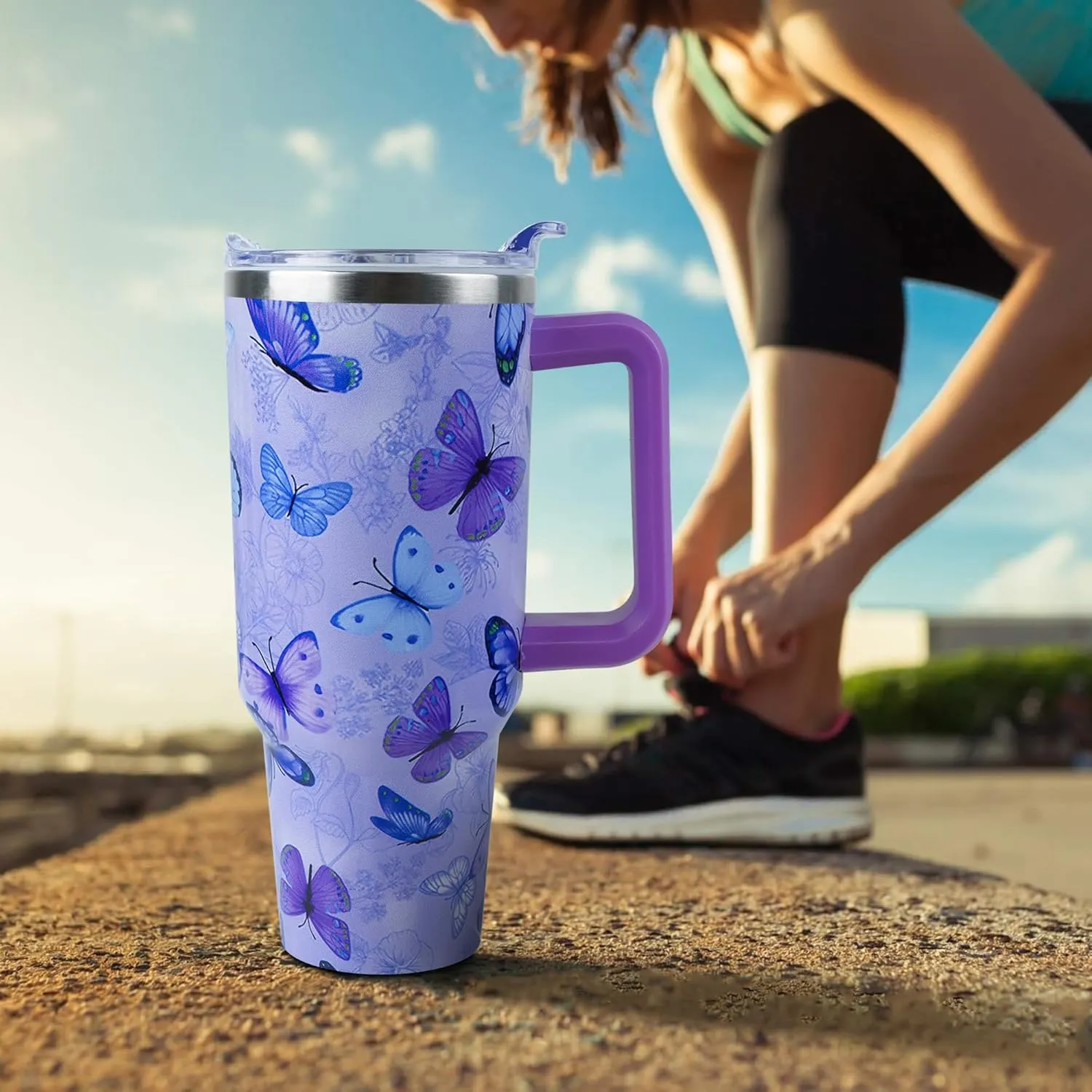 40 oz Purple Butterfly Tumbler with Handle and Straw, Travel Mug Water Bottle, Stainless Steel Insulated Cup with Lid and Straw, Birthday Christmas Gifts