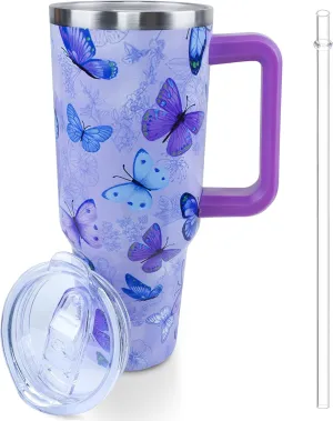 40 oz Purple Butterfly Tumbler with Handle and Straw, Travel Mug Water Bottle, Stainless Steel Insulated Cup with Lid and Straw, Birthday Christmas Gifts