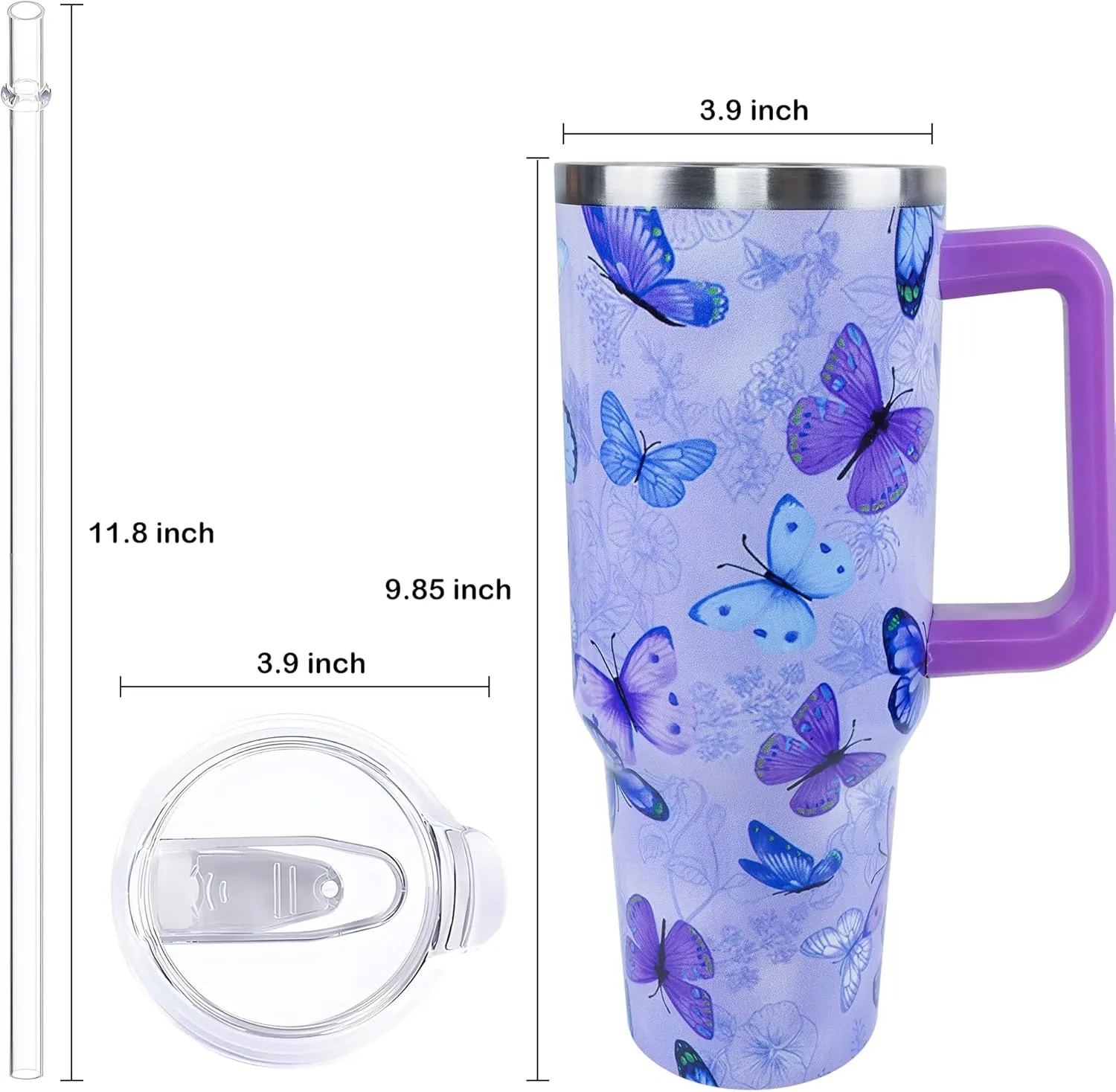 40 oz Purple Butterfly Tumbler with Handle and Straw, Travel Mug Water Bottle, Stainless Steel Insulated Cup with Lid and Straw, Birthday Christmas Gifts