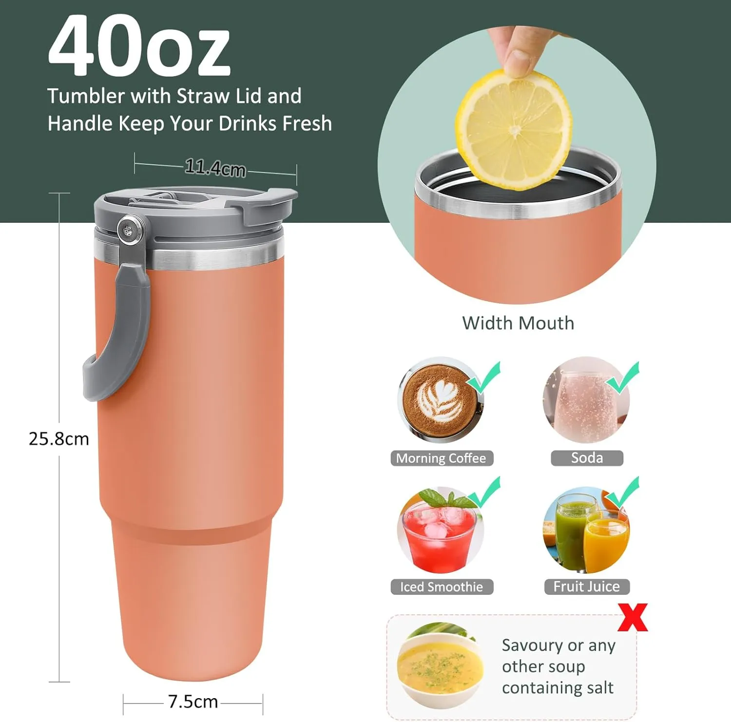 40 oz Tumbler with Handle and Straw, Insulated Tumbler, Water Bottle, Travel Coffee Mug, Leak Proof Tumbler, Stainless Steel Cup with Handle, Cold for 24h, Hot for 12h